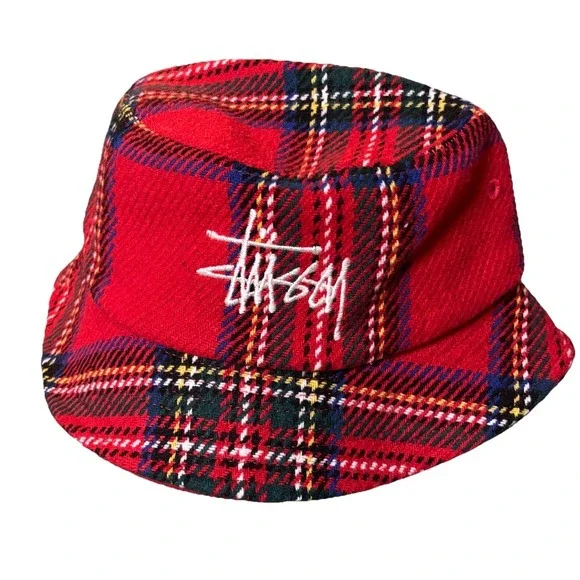 NWT Stussy Big Logo Plaid Bucket Hat Red S/M Y2K 90s Style Streetwear - Picture 6 of 6